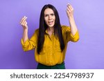 Small photo of Photo of angry aggressive lady dressed stylish clothes showing arms pretense divorce quarrel isolated on purple color background