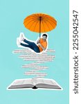 Small photo of Poster creative collage of funky young guy flying landing parasol into open printed textbook learning materials
