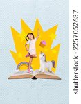 Small photo of Magazine poster collage of sweet happy kid girl stand on open book enjoy magic fairytale world with unicorn rainbow cookie