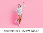 Full length photo of shiny adorable woman dressed smart casual outfit having fun empty space isolated pink color background