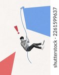 Small photo of Vertical creative photo design of terrified extreme funny handsome man alpinist hands hold rope look down isolated drawing background
