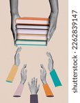 Small photo of Vertical collage illustration of black white colors people raise arms reach pile stack book isolated on painted background