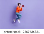 Small photo of Full length photo of carefree active lady proclaim useful information empty space proposition low price product isolated on violet color background