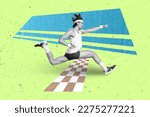 Small photo of Photo banner minimal collage of active running sportsman wear headband competition finish line winner marathon isolated on green background
