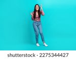 Small photo of Full body photo of young irritated girl wear smart casual clothes staring argue stressed grimace pretense isolated on aquamarine color background