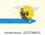 Small photo of Creative template collage of young guy sit blue arrow directing making his route commute drive steering wheel