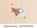 Small photo of Creative banner poster collage of businessman employer look up different people choose company team research target clients