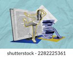 Small photo of Composite collage image of excited mini black white colors girl look curious away far big opened book isolated on blue background