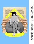 Small photo of Vertical collage portrait of mini black white effect girl sit beanbag read book mortarboard hat isolated on blue background