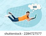 Collage of falling carefree guy hold laptop minded genius finance idea it specialist generate idea make more money isolated on blue plaid background