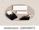 Small photo of Composite creative design 3d collage of two oldschool typescript keyboards communication message storytelling dialogue isolated on painted background