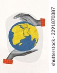 Small photo of Vertical collage photo poster two arms take care of Earth planet globe symbolizing world day voluntary creative painting background