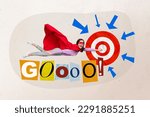 Small photo of Creative abstract photo concept collage of funky super girl wear red cloak mask flying striving for goal isolated colorful background