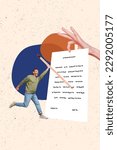Small photo of Vertical photo collage interview mature man hold pen writing his first book notes author storytelling isolated on grey background