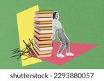 Small photo of Retro style artwork collage reading lifestyle concept young girl advertising big high book pile stack promo company bookshop library