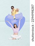 Small photo of Vertical collage artwork portrait of two excited people sing microphone dialogue lyrics karaoke bubble isolated on painted background