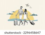 Small photo of Creative collage of young family lovers walk with suitbags sightseeing excursion oceanview flying plane heaven isolated on drawn background