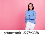 Photo of cheerful stunning lady crossed arms toothy smile empty space isolated on pink color background