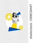 Small photo of Volunteer template collage of lady on demonstration shout bullhorn close sky above ukraine air raid siren message missile attack from russia