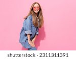 Small photo of Photo portrait of lovely young teenager lady defile posing shopping model wear trendy jeans garment isolated on pink color background
