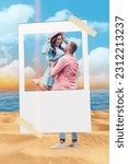 Small photo of Photo cadre image snapshot 3d collage of happy cute family two married people walk sand seaside celebrate honeymoon abroad on island