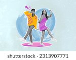 Small photo of Painting picture template collage of funny people lady guy buddies have fun dancing dynamic hip hop