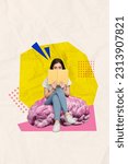 Small photo of Poster banner collage of nerd geek student lady reading book personal development brain learning smart information