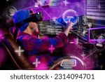 Modern social network global world hi tech young man using holographic technologies for coding programming use vr goggles collage