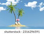 Small photo of Palms tree 3d collage of desert sand beach sunbed with sunbathing parasol abroad lost island in ocean isolated over wild nature background