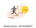 Small photo of Collage of young businesswoman running climbing upstairs reach finish flag champion marathon success isolated on white color background