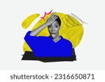 Small photo of Photo collage artwork picture of funky impressed lady guy hand forehead forget important thing isolated white color background