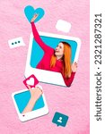 Small photo of Vertical illustration collage of young blogging woman inside instagram frame popular account thumb up feedback isolated on pink background