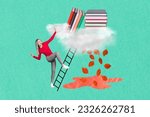 Photo banner collage placard of young girl climbing ladder more literature pile books interesting materials isolated on green background