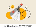 Small photo of Collage photo of package paper bargains shopping bags guess what inside surprise question mark proposition isolated on beige background