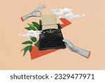 Collage creative picture of hands holding mechanical retro keyboard journalist typewriter antique document isolated on beige background