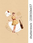 Small photo of Composite vertical design collage picture retro discotheque of funny girl drinking wine glass sommelier isolated on beige background