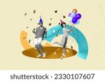 Small photo of Composite collage image of excited youth people young man female dancing party discotheque hold air balloons have fun celebrate birthday