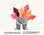 Collage picture of black white colors arms hold painted arrow pointers indicators isolated on white creative background