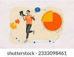 Small photo of Artwork collage of excited black white effect guy jump use netbook hold coffee cup exclamation mark dialogue bubble puzzle pieces