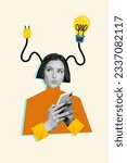 Small photo of Vertical collage picture of black white colors minded girl hold smart phone light bulb plug cord head isolated on beige background