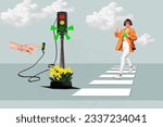 Small photo of Poster banner collage sketch of charming positive lady crossing road excursion promenade going green light isolated on drawing background