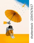 Small photo of Vertical creative composite photo collage of arm hold parasol cover upset depressed woman from rain isolated on drawing background