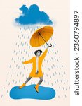 Small photo of Vertical creative composite abstract photo collage of satisfied nice girl dancing in rain hold parasol isolated on drawing background