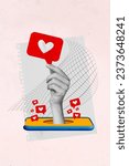Small photo of Vertical creative composite photo collage of hand hold big social media like from smartphone touchscreen isolated on painted background