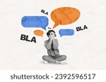 Small photo of Creative drawing collage picture of shy woman avoid bla gossip speech bubble speak tell talk surrealism template metaphor artwork concept