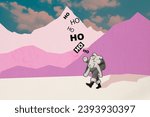 Creative collage image of black white effect santa carry christmas presents bag walking snowy mountains ho ho ho isolated on painted background