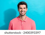 Portrait of handsome guy wearing pink trendy t shirt toothy hollywood smile like photo model isolated on aquamarine color background