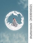 Small photo of Vertical surreal photo collage of young pretty fashionable woman woken up in clouds bubble air cheerful relaxed happy on sky background