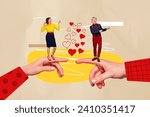Small photo of Collage pinup pop retro image of carefree funky wife husband enjoying valentine day discotheque isolated beige color background