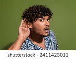 Small photo of Close up photo of funny unshaved indian man hearsay listening secret information about war with pakistan isolated on khaki color background